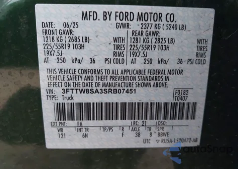 2025 Ford Maverick Lariat z USA, uszkodzony, nr VIN 3FTTW8SA3SRB07451